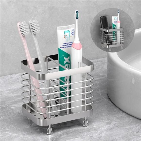 Stainless Steel Toothbrush Holder Wall Mounted Countertop Bathroom Organizer - Picture 1 of 7